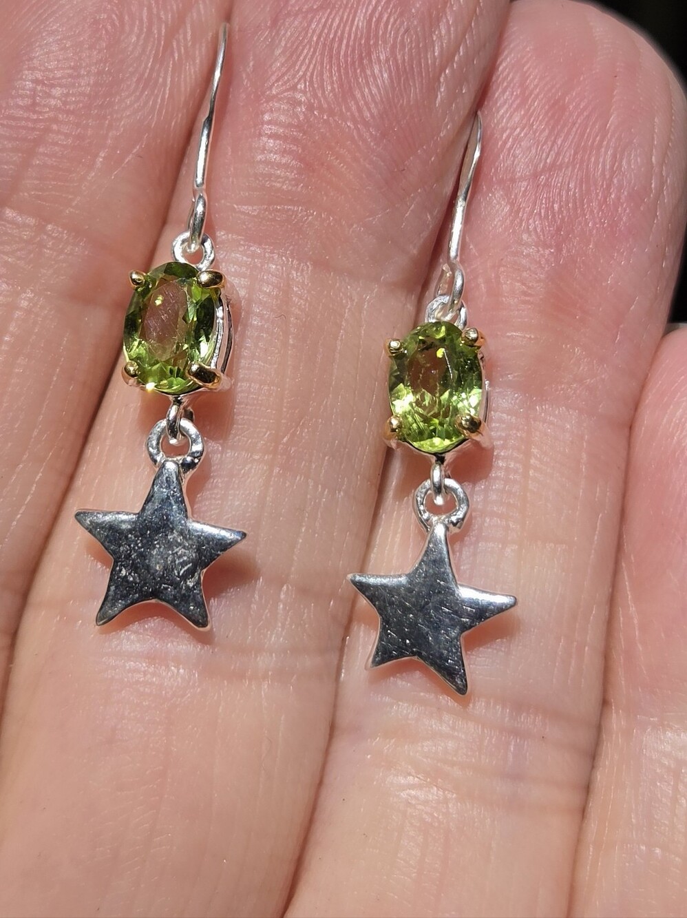 Peridot Natural 3k Gemstones Sterling Silver & Gold Star Hook Earrings - Picture 7 of 9